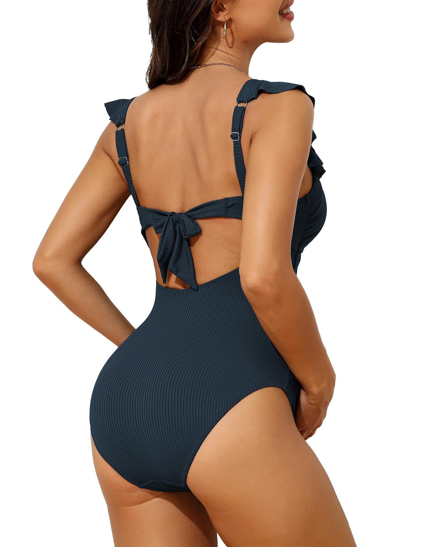 Charmo Ruffle Maternity Bathing Suits for Women Ribbed Tie Knot Maternity Swimsuit Cutout Ruched Pregnancy Swimwear