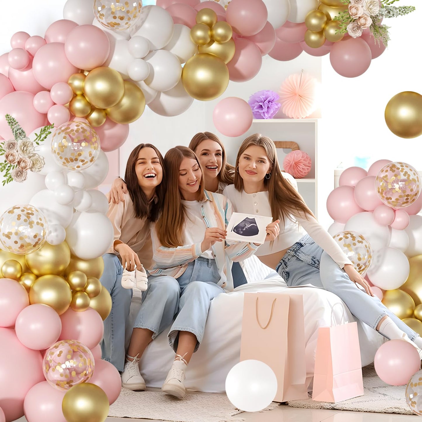 Pink and White Balloon Arch Kit, 138 Pcs Pink and Gold Balloon Garland Arch Kit Include Pastel Pink White Gold Confetti Balloons for Birthday Baby Shower Wedding Bridal Shower Party