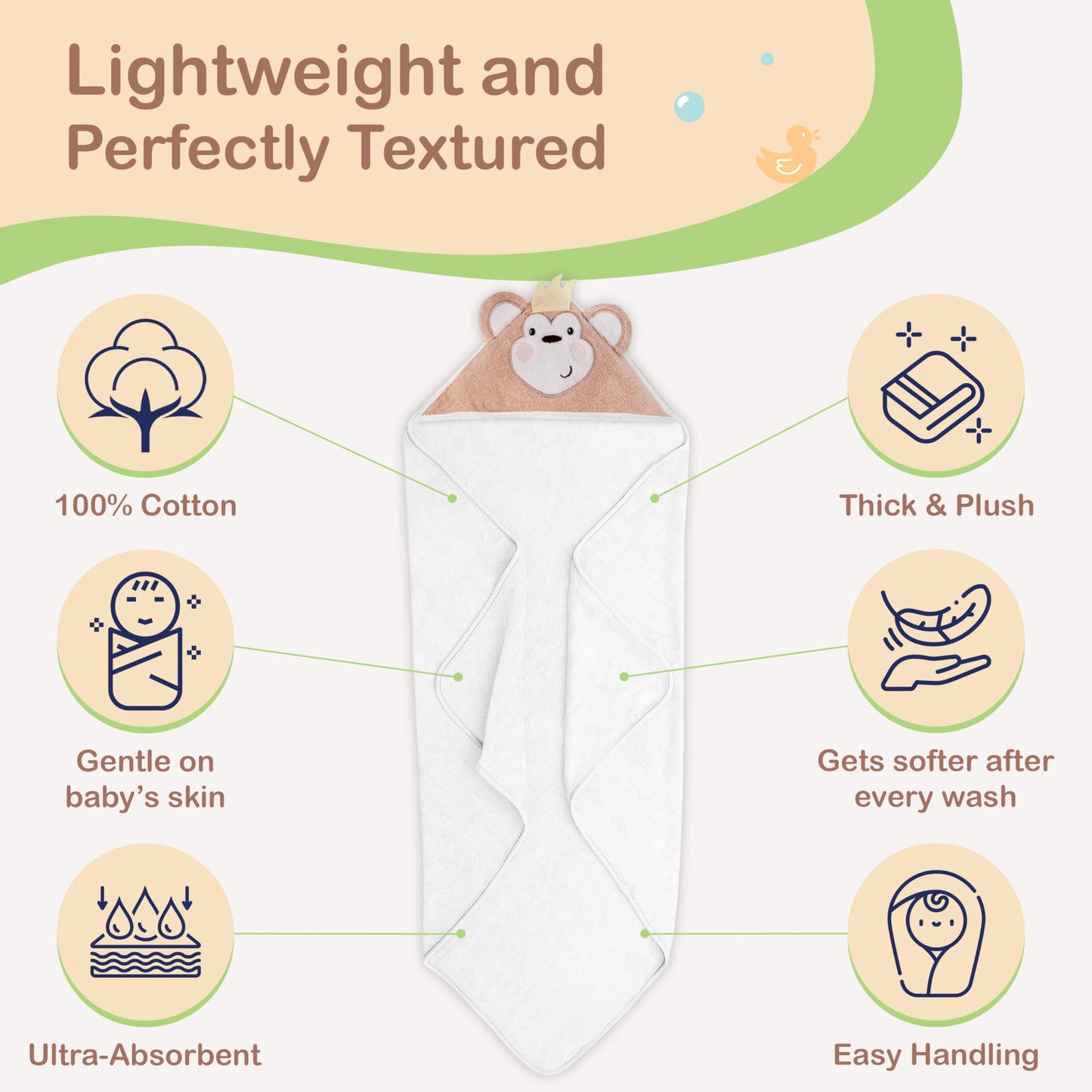 Mother's Choice Baby Hooded Towel - Large 33x33 Inch, 100% Cotton, Ultra-Soft & Absorbent Bath Towel for Newborns, Infants, Boys & Girls (Butterfly)