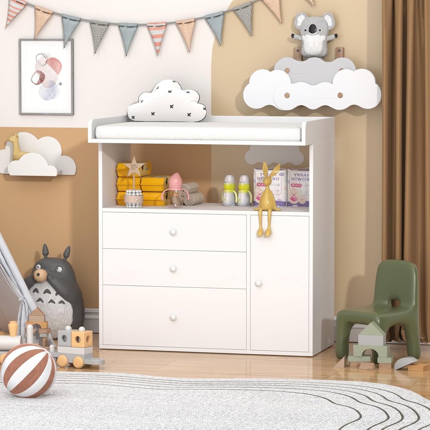Baby Changing Table Dresser with Wide Tabletop, 3 Drawers & 1 Cabinet, 1 Storage Cubbies,Baby Dresser with Changing Table Top, Perfect for Baby Bedrooms & Nurseries