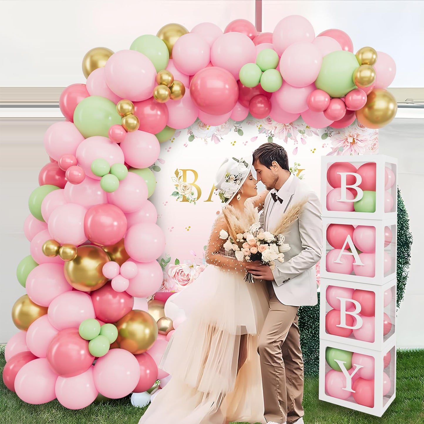Baby in Bloom Baby Shower Decorations - 116pcs Pink and Sage Green Balloon Arch Kit, BABY in Bloom Backdrop and Baby Boxes with Letters for Pink Floral Baby Shower Decorations for Girl