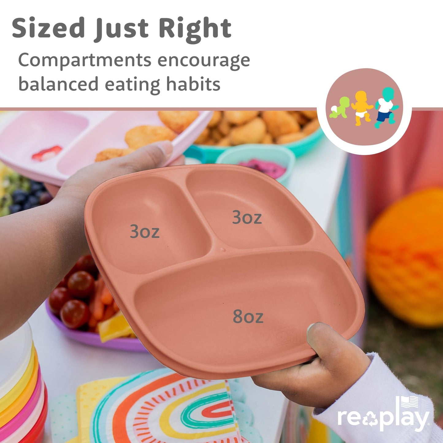 Re-Play Toddler Plates with Dividers - Deep-Walled 3 Compartments Divided Plates for Kids - Dishwasher & Microwave Safe - Made in USA - Set of 3-7.37" x 7.37" x 1.25" - Princess