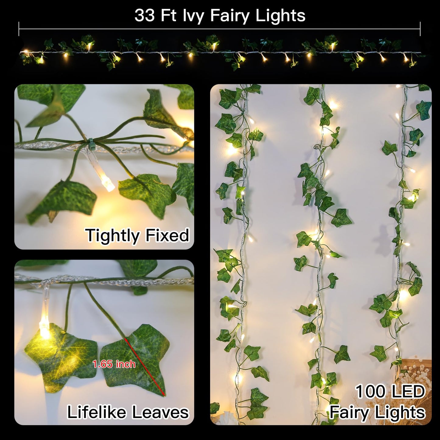 suddus Vine with Fairy Lights Battery Operated, 33ft 100 LED Ivy String Lights with Remote, Leaf Lights for Bedroom, Room, Wall, Garden, Party, Wedding Decor (Warm White)