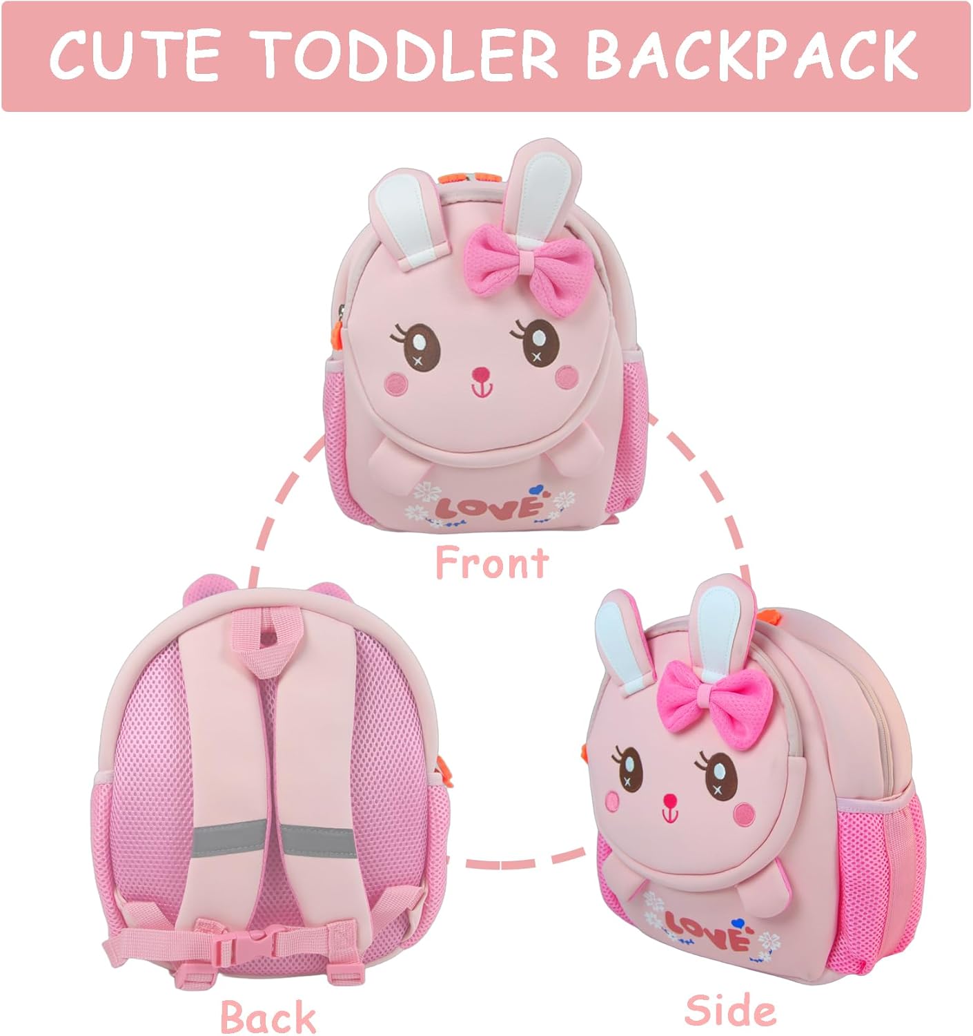 Toddler Backpack Cute Bunny Backpack with Leash and Chest Buckle Mini Kids 3D Cartoon Travel Bag for Girls 3-6