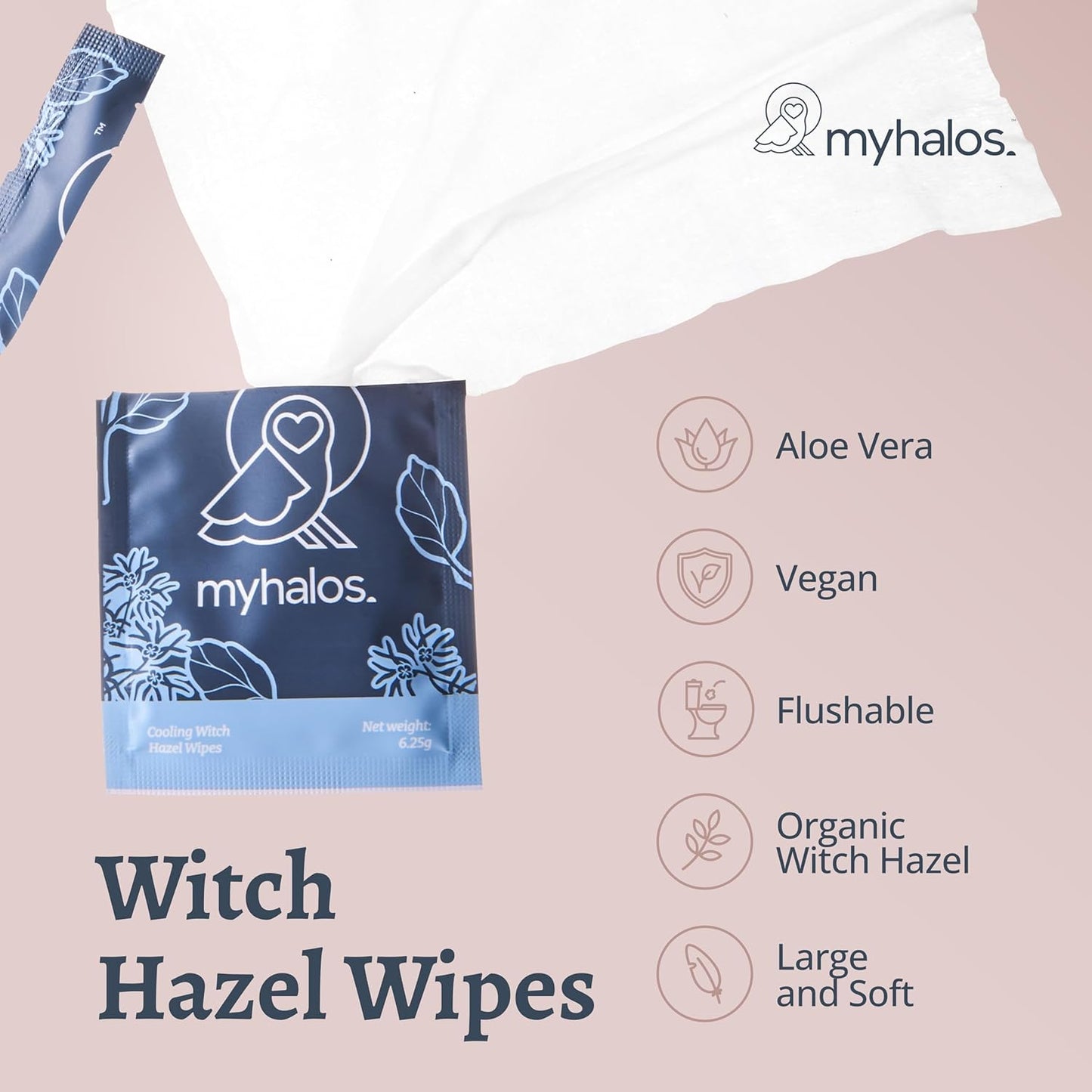 MyHalos 44 pcs- Witch Hazel Wipes & Perineal Ice Packs for Postpartum, Hemorrhoids & C Section Ice Packs for Postpartum -30 Alcohol Free Witch Hazel for Postpartum Care & Hemorrhoids Cold Postpartum