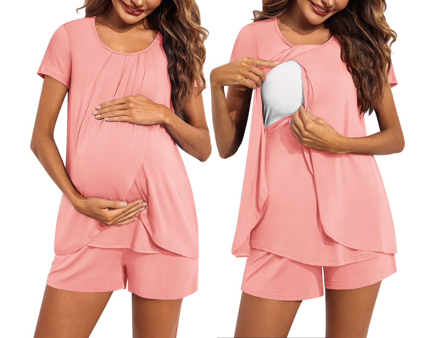 Ekouaer Women's Maternity Nursing Pajamas Set Breastfeeding Sleepwear Double Layer Short Sleeve Top & Shorts Nursing Pjs