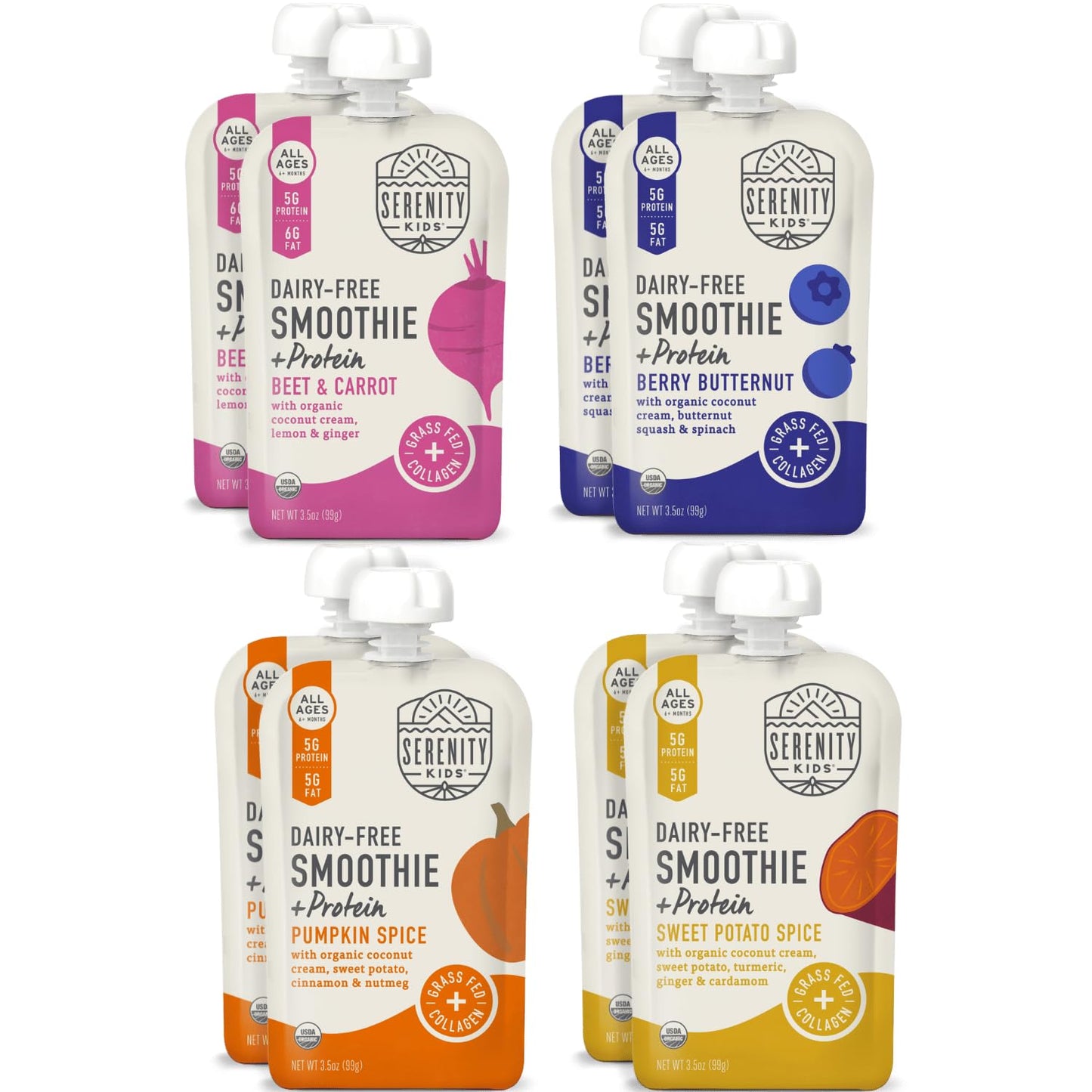 Serenity Kids 6+ Months Dairy-Free Smoothie Baby Food | USDA Organic | Grass Fed Collagen Protein | 3.5 Ounce BPA-Free Pouch | Berry Butternut | 12 Count