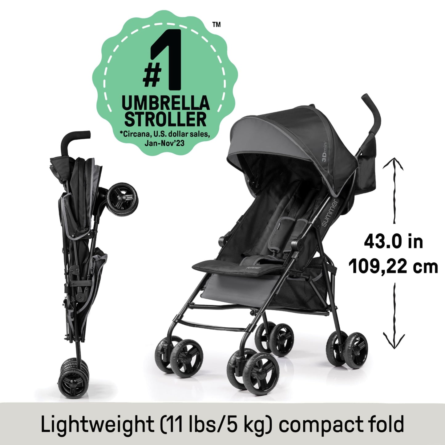 Summer by Ingenuity 3D Mini Convenience Stroller – Lightweight Stroller with Compact Fold, Multi-Position Recline, Canopy with Pop Out Sun Visor and More – Umbrella Stroller for Travel, Pink