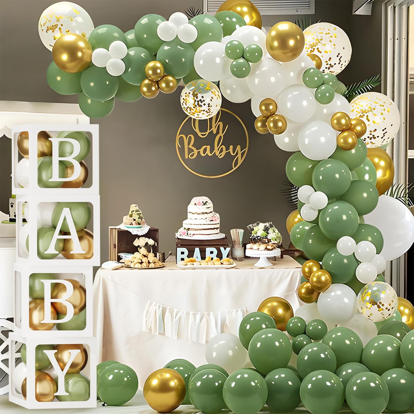 Baby in Bloom Baby Shower Decorations - 116pcs Pink and Sage Green Balloon Arch Kit, BABY in Bloom Backdrop and Baby Boxes with Letters for Pink Floral Baby Shower Decorations for Girl