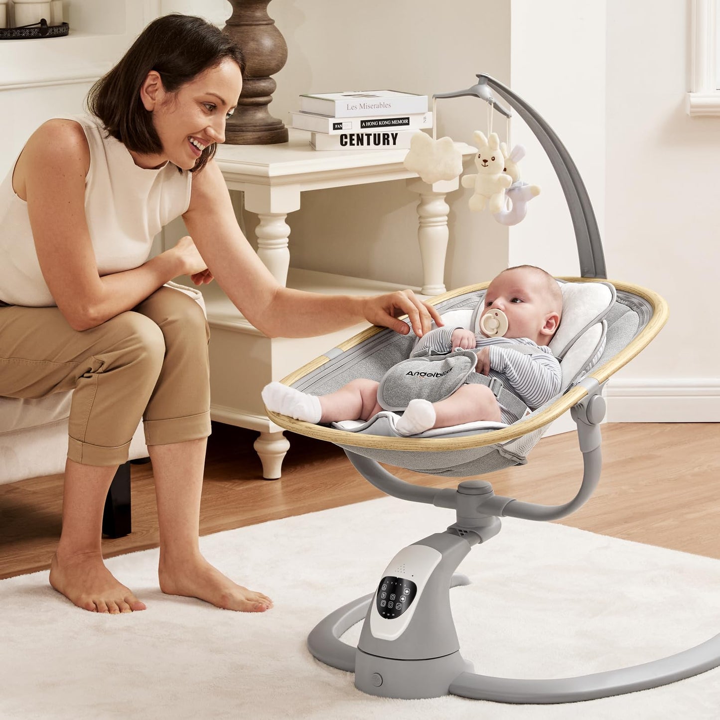 Angelbliss Baby Swing with Cry Detection, Side-to-Side Electric Swing with 5 Speeds, 180° Rotation, Indoor for Infants and Toddlers (Black)