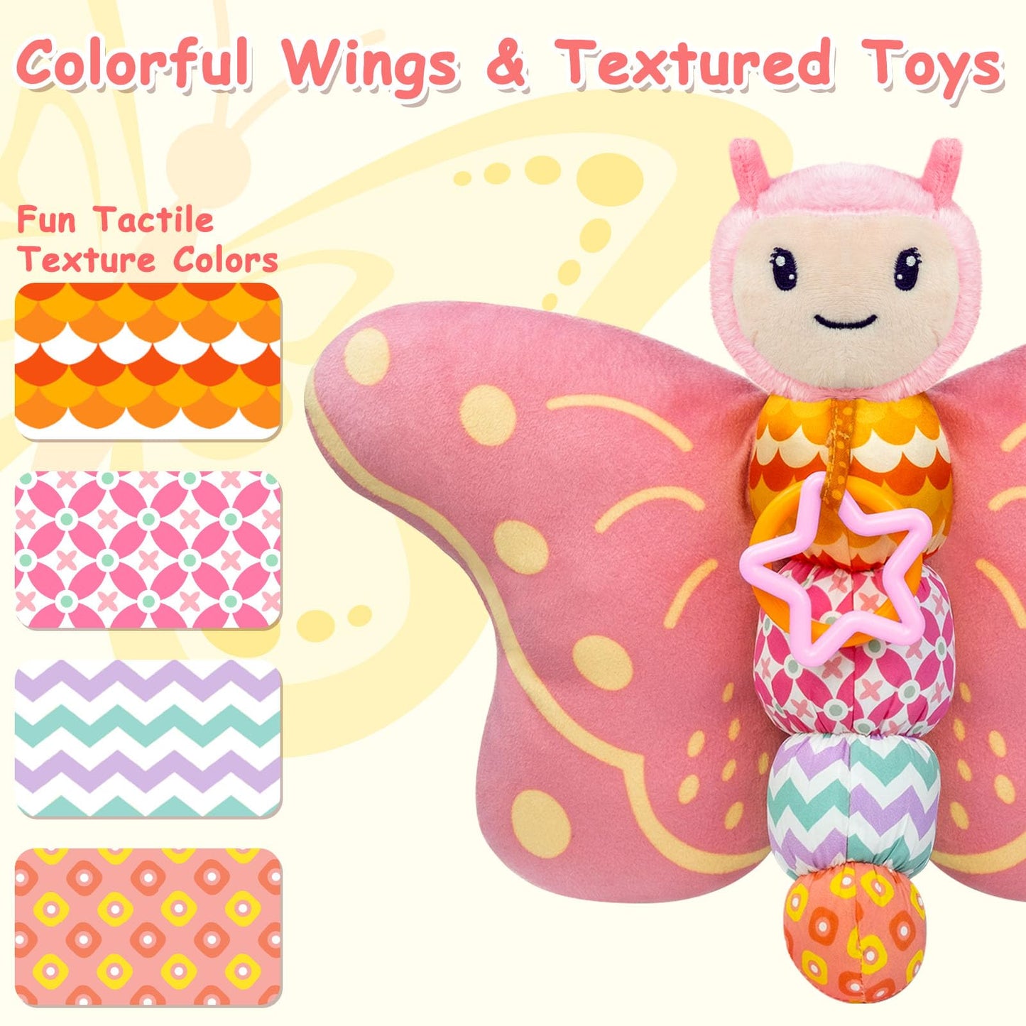 Baby Toys 0-6 Months,Infant Musical Sensory Stuffed Animal with Squeaker,Rattle,Crinkle Wings,Teether & Hanging Ring,Tummy Time Toy for Newborn 0-3-6-12 Months Boys & Girls Gift,Butterfly,Blue