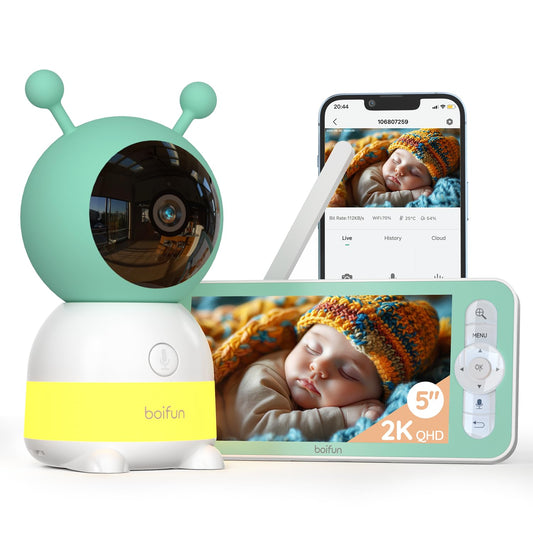 BOIFUN 2K WiFi Baby Monitor with Camera and Audio,Smartphone APP, Colorful Night Light, Smart AI Motion & Sound & Humidity & Temperature Detection, Auto Tracking,5-Inch Monitor Control, Night Vision