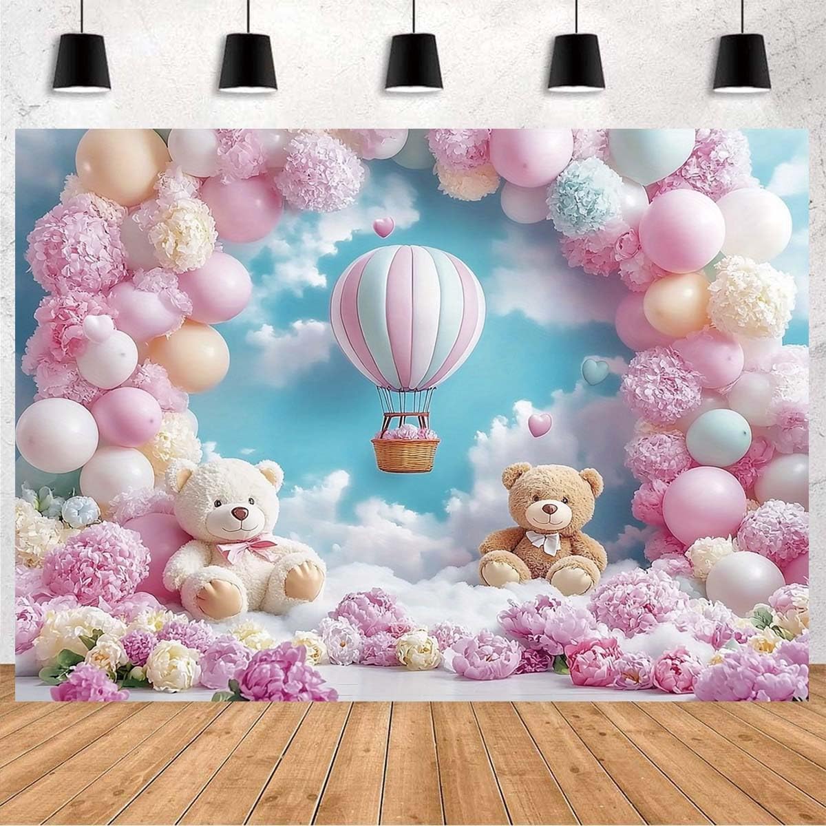 Pink Bear Hot Air Balloon Backdrop Girl Bear Balloons Baby Shower Background Girl 1st Birthday Party Banner Newborn Baby Shower Party Cake Table Decoration Photo Booth Props(Pink, 7x5ft)