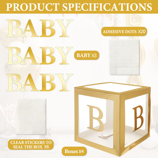 Gold Baby Boxes with Letters for Baby Shower, Baby Shower Decorations for Boys or Girls, Transparent Balloon Boxes Clear Blocks for Birthday Party, Bridal Shower, Gender Reveal