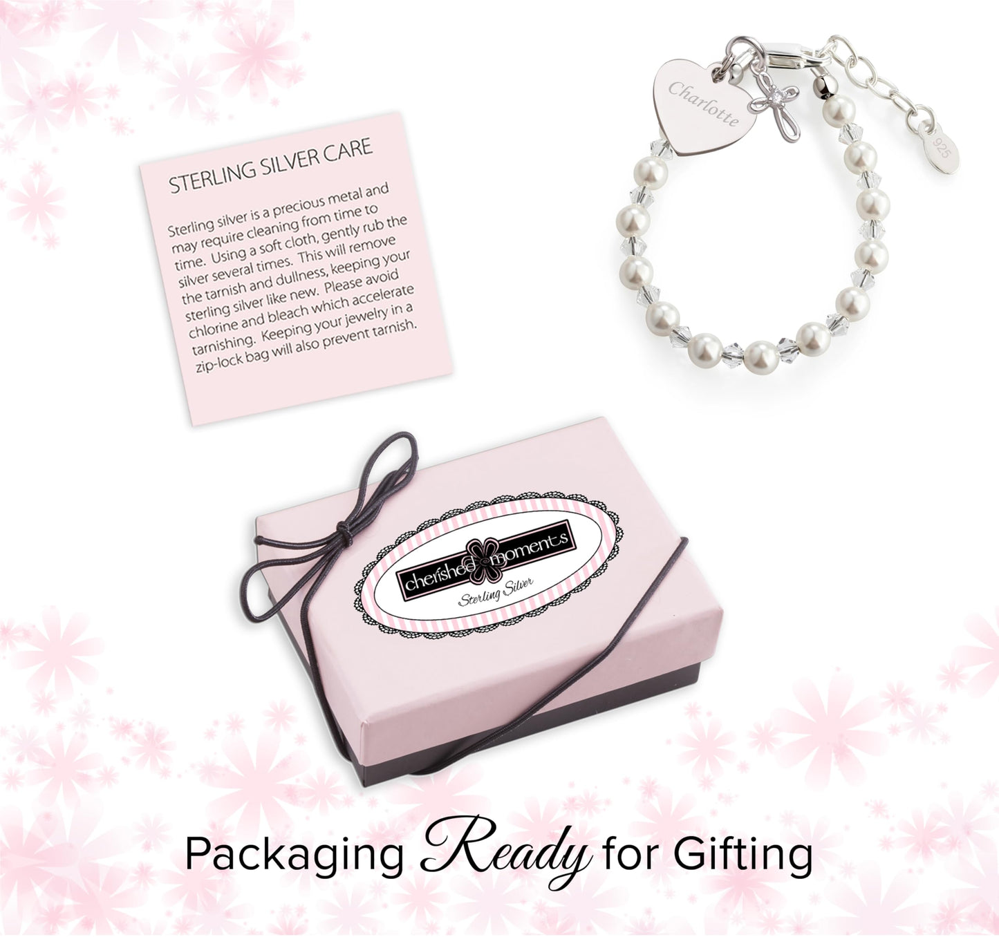 Cherished Moments Sterling Silver Bracelet for Girls with High-End Simulated Pearls and Crystals with a Dainty Infinity Cross Charm