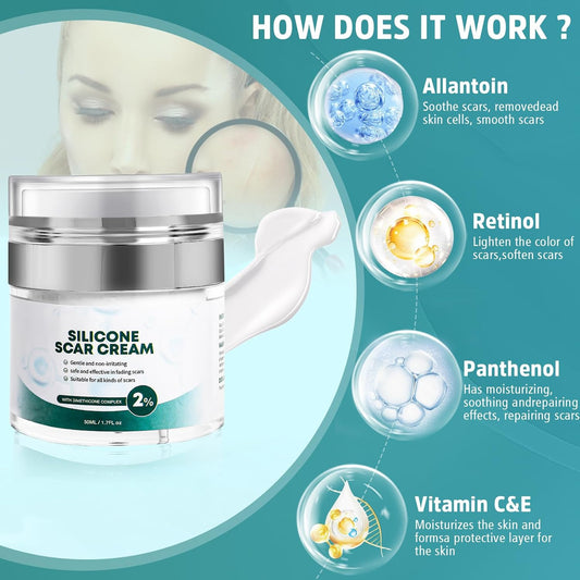 Advanced Scar Cream, Silicone Gel for Scars, Professional Scar Removal Cream for Surgical Scars, Stretch Marks, Old and New Scars 1.7 oz(50ml)