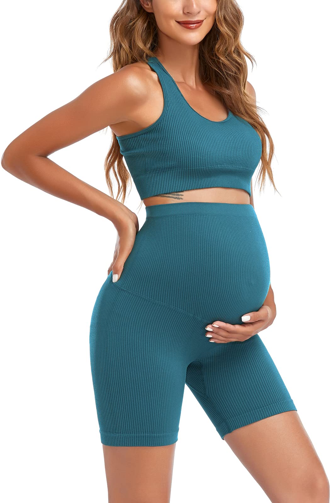 Women's Maternity 2 Piece Outfit Set - Bra & Shorts for Pregnancy - Yoga workout Lounge Wear Sets