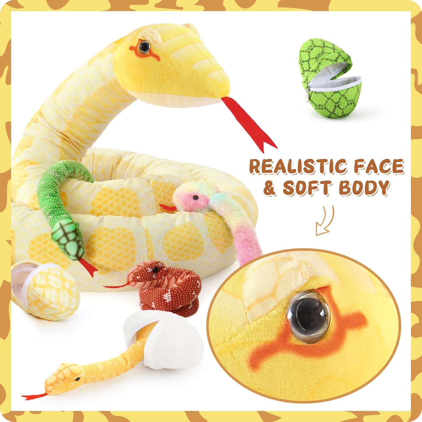 MorisMos Snake Stuffed Animals Plush Toy 120 Inch Giant Snake Plush with Babies Stuffed Snake Toys for Kids Plush Party Decorations Favors Prank Props, 4 Snake Babies, 3 Snake Eggs