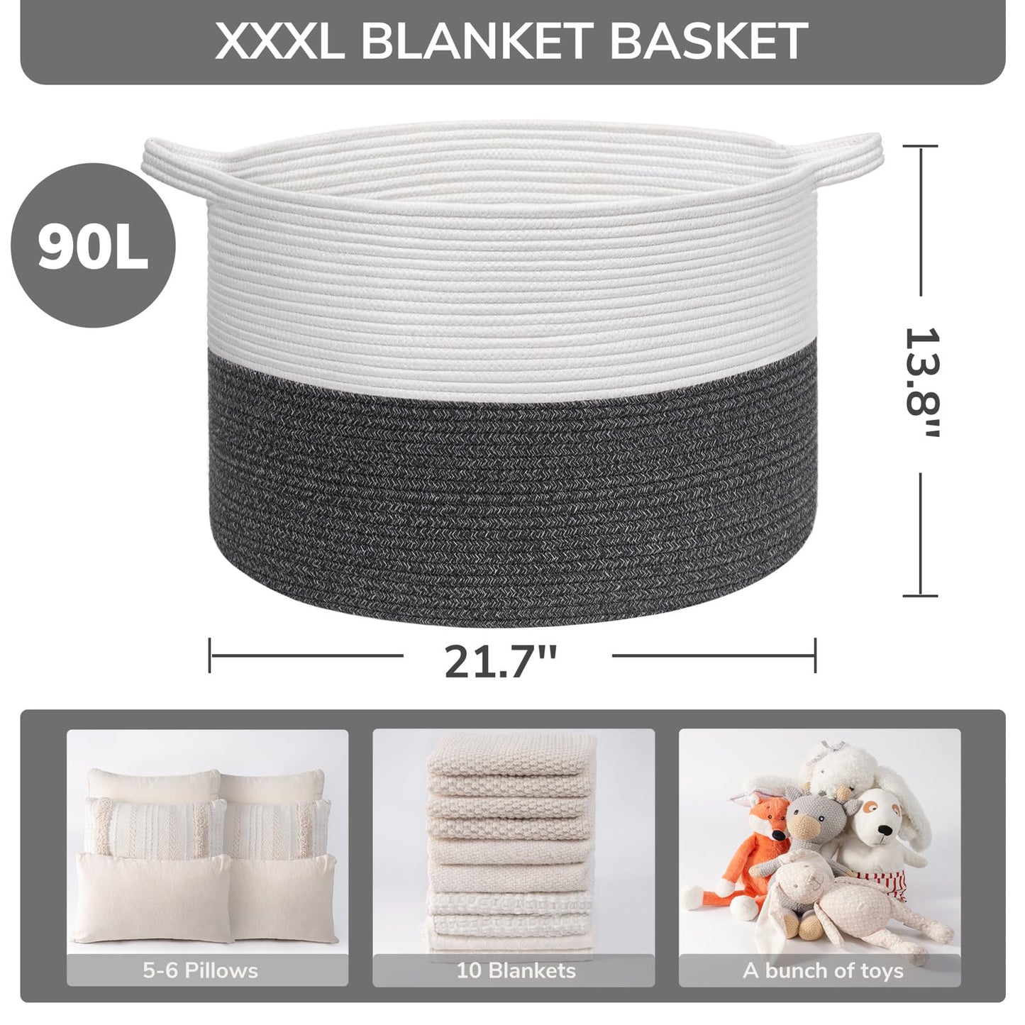 INDRESSME XXXLarge Cotton Rope Basket 21.7" x 21.7" x 13.8" Woven Baby Laundry Blanket Basket Toy Baskets with Handle Storage Comforter Cushions Thread Laundry Hamper