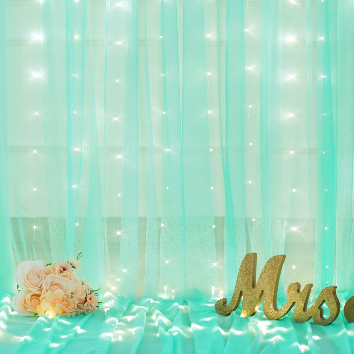 White Tulle Backdrop Curtain with Lights String for Parites 10×8ft Sheer Backdrop Curtains White Curtain Backdrop for Wedding Baby Shower Birthday Party Photo Shoot Decorations(2 Panels 10ft×8ft)