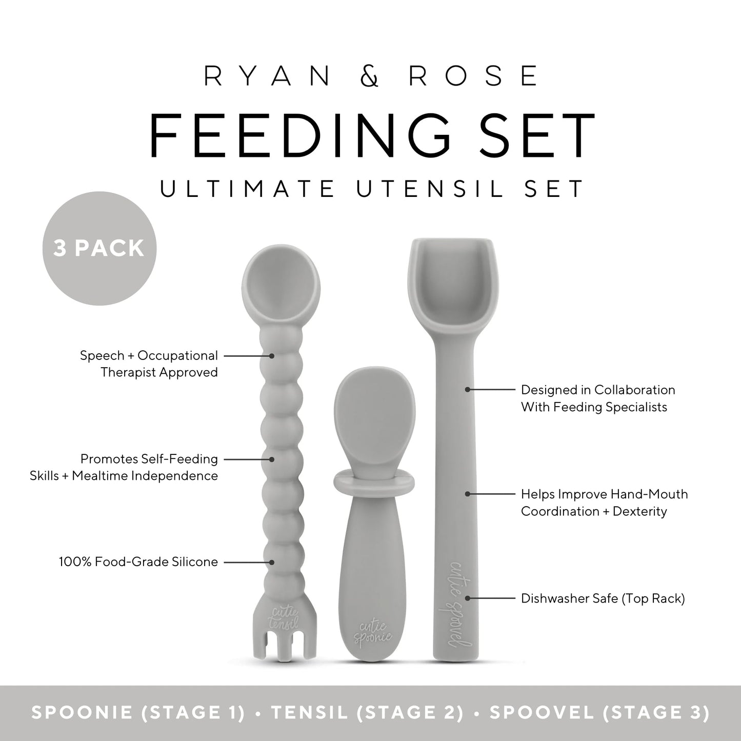 Ryan & Rose Ultimate Utensil Set of 3 Silicone Baby Spoons Silicone baby feeding set for baby led weaning, baby spoons self feeding 6 months, baby utensils, toddler utensils (Rose), Child