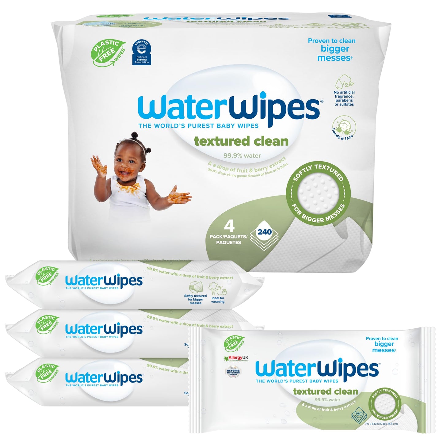 WaterWipes Plastic-Free Textured Clean, Toddler & Baby Wipes, 99.9% Water Based Wipes, Unscented & Hypoallergenic for Sensitive Skin, 60 Count (12 packs), Packaging May Vary