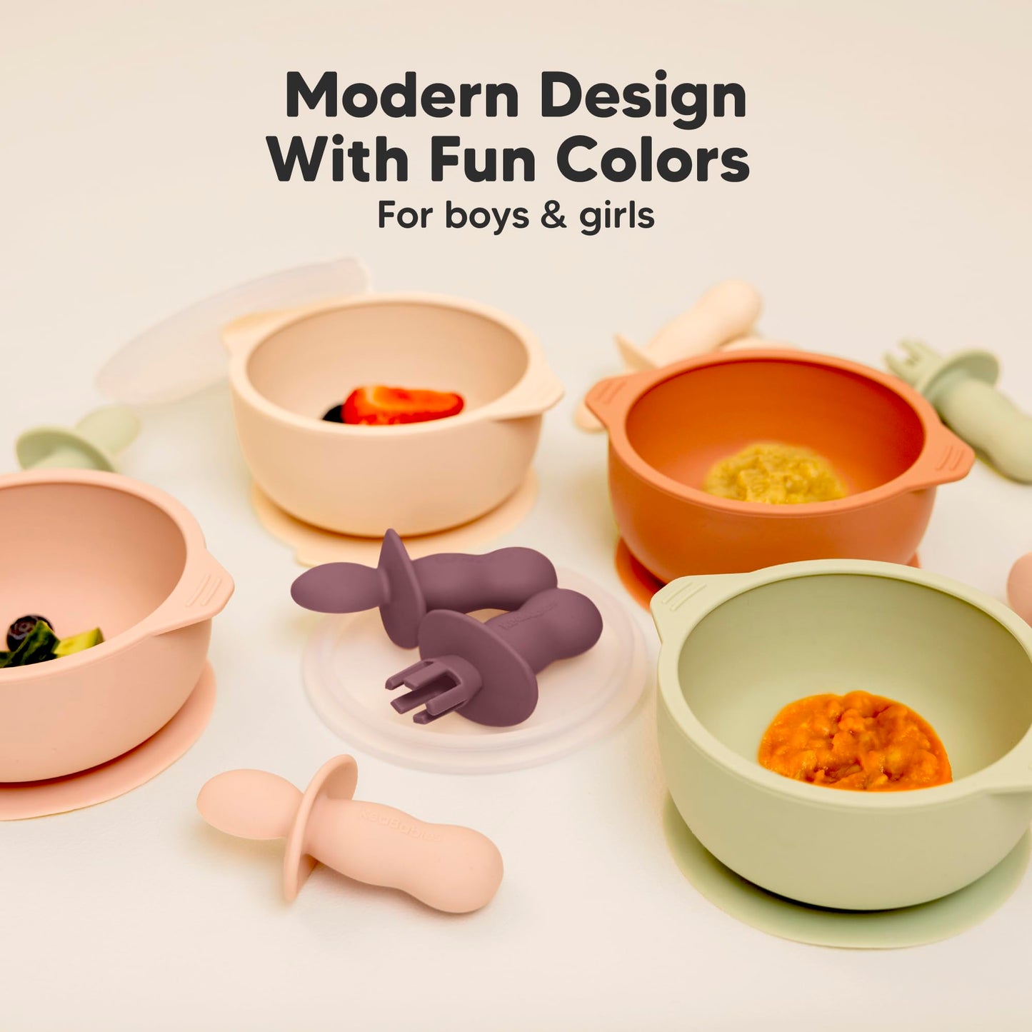 KeaBabies 4-Pack Silicone Baby Spoons and Forks Set - Baby Led Weaning Utensils 6-12 Months, Self Feeding Toddler Spoon & Fork for Training, Teething, Easy to Hold, BPA-Free Silicone (Roseate)