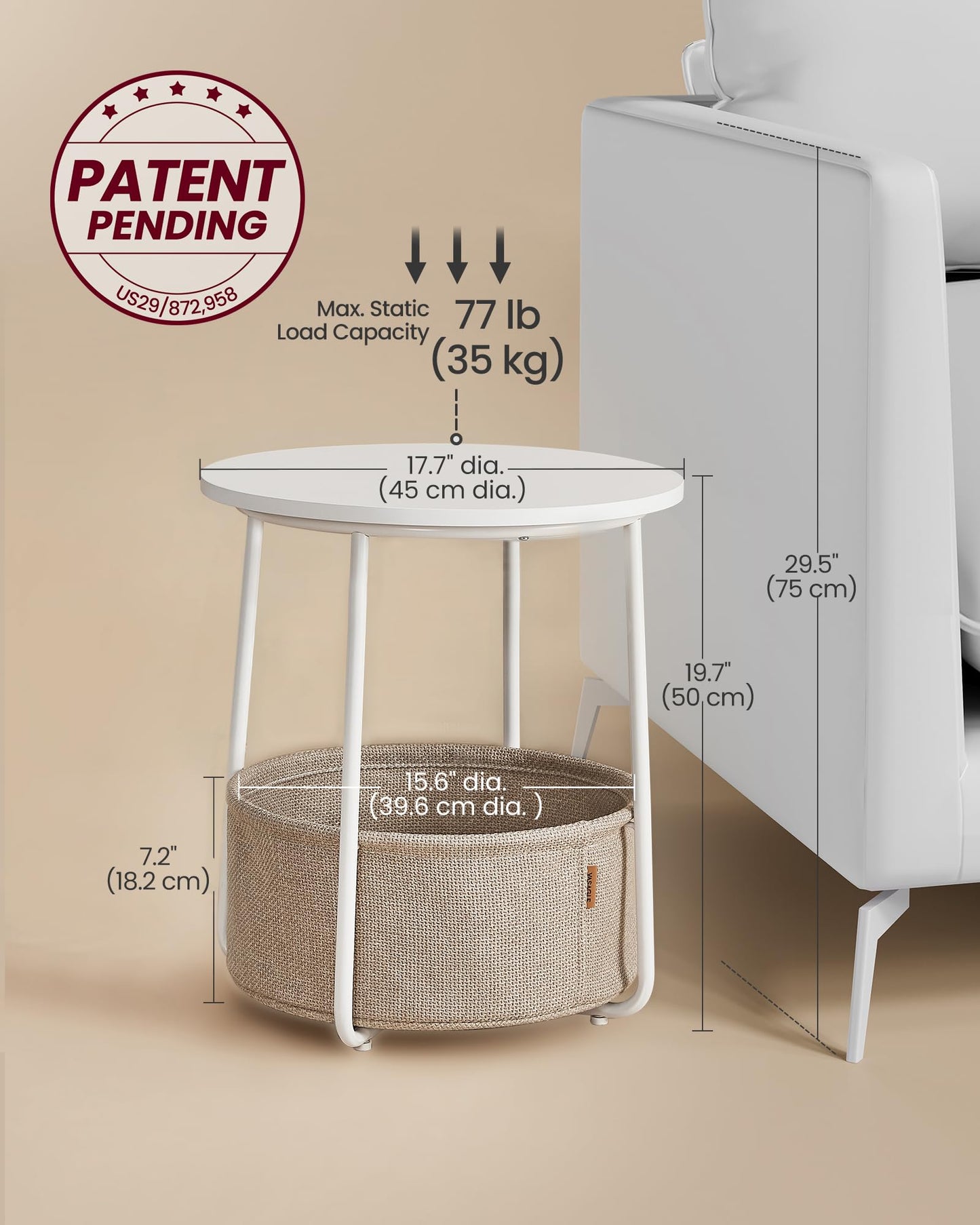 VASAGLE End Table, Small Bedside Table with Fabric Basket, Modern Nightstand, Round Side Table, for Living Room, Bedroom, Matte White and Camel Brown ULET223W10