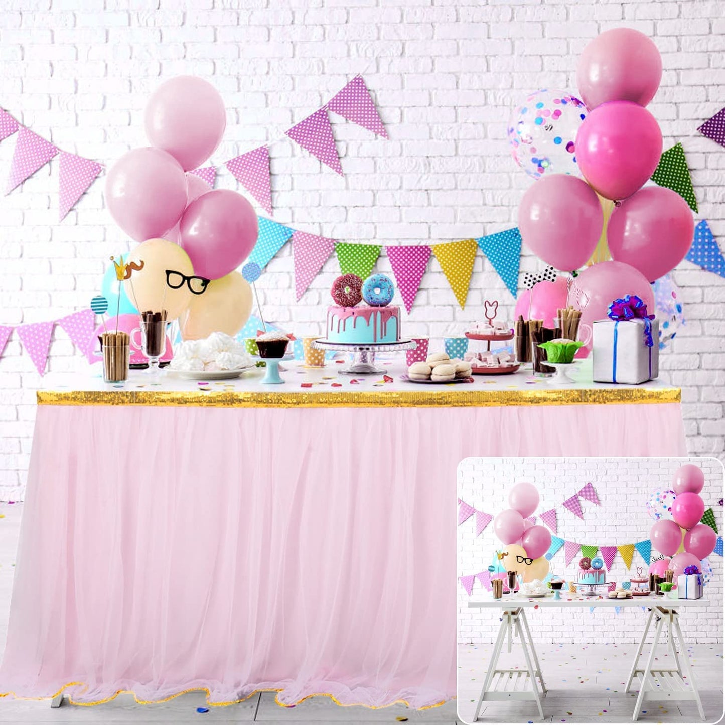 HB HBB MAGIC Pink Table Skirt Tulle Tutu Table Skirt for Rectangle Tables 6ft Girl Birthday Party Baby Shower Unicorn Decorations