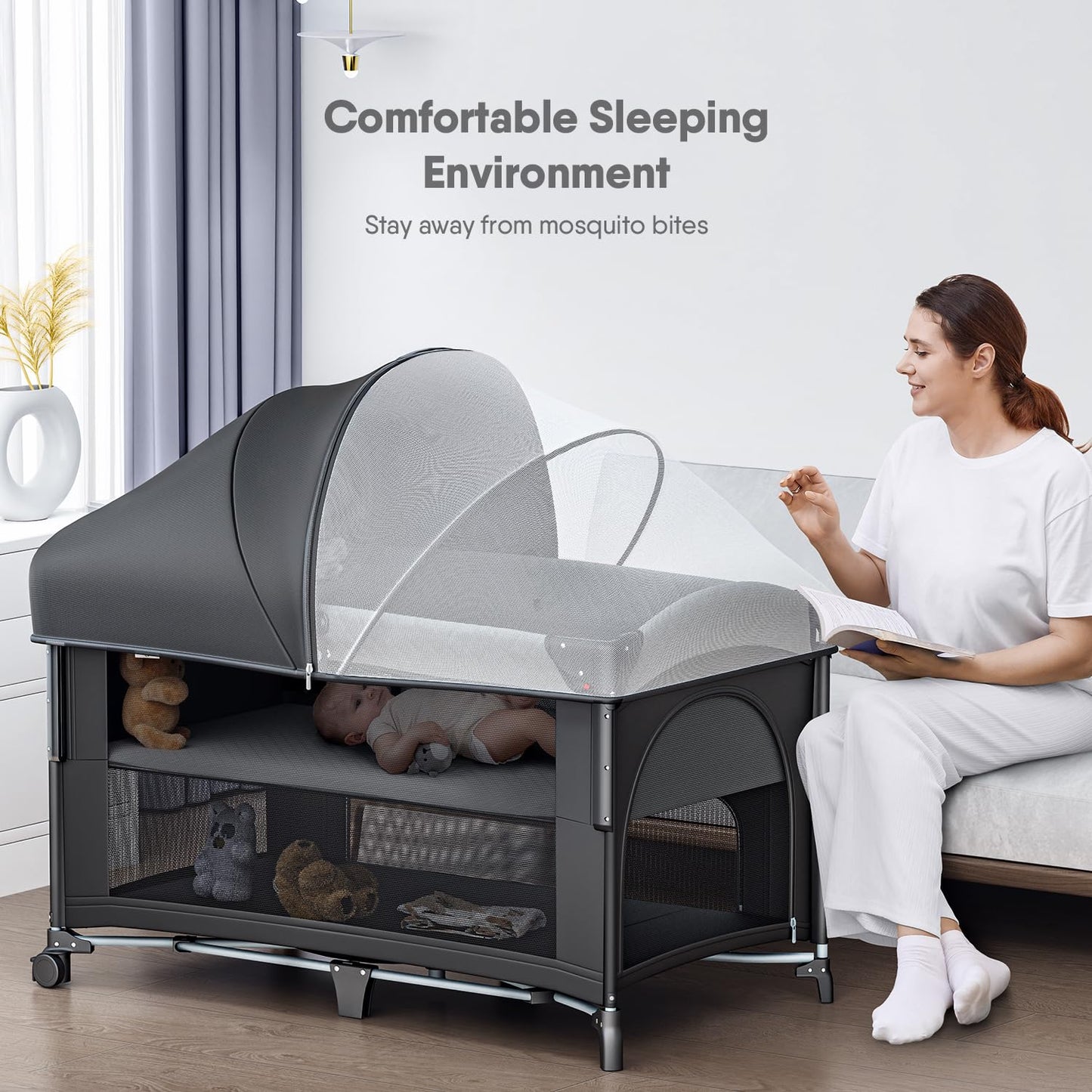 4 in 1 Baby Bassinet, Pack and Play, Bedside Crib Sleeper, Diaper Changer - Comes with Mattress, Mosquito Net,Bottom Storage and Toy Bar for Newborn to Toddles
