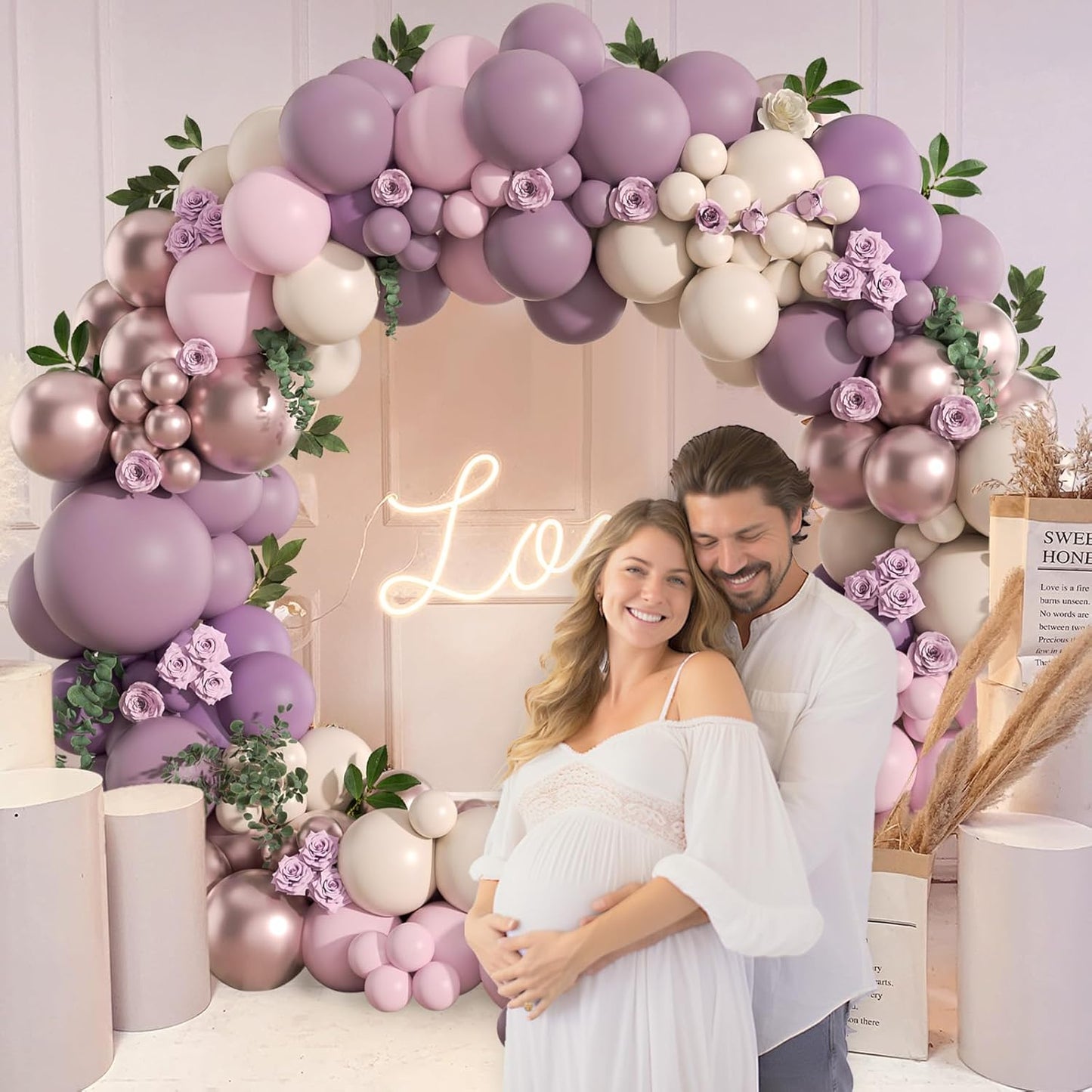 Lavender Balloon Garland Arch Kit, 130pcs Pink and Purple Balloon Arch Kit with Dusty Purple Light Pink Sand White Metallic Rose Gold Balloons for Birthday Wedding Butterfly Baby Shower Decorations