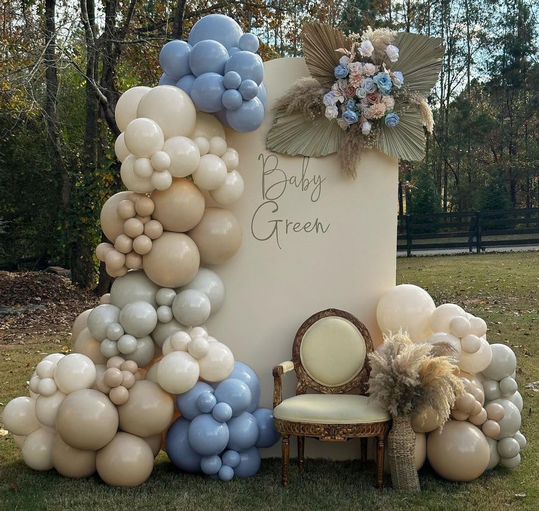 Dusty Blue Brown Balloon Garland Double Stuffed Blue Tan Balloons White Sand Grey Latex Balloons Neutral Balloon Arch Kit For Teddy Bear Baby Shower Boho Birthday Gender Reveal Party Decorations