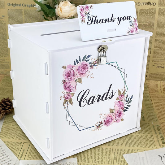 White Wedding Card Box with Lock, Gift Wedding Card Boxes for Reception Money Holder with Rose Sign for Wedding Decorations, Baby Showers, Birthdays, Bridal or Graduation Party Supplies