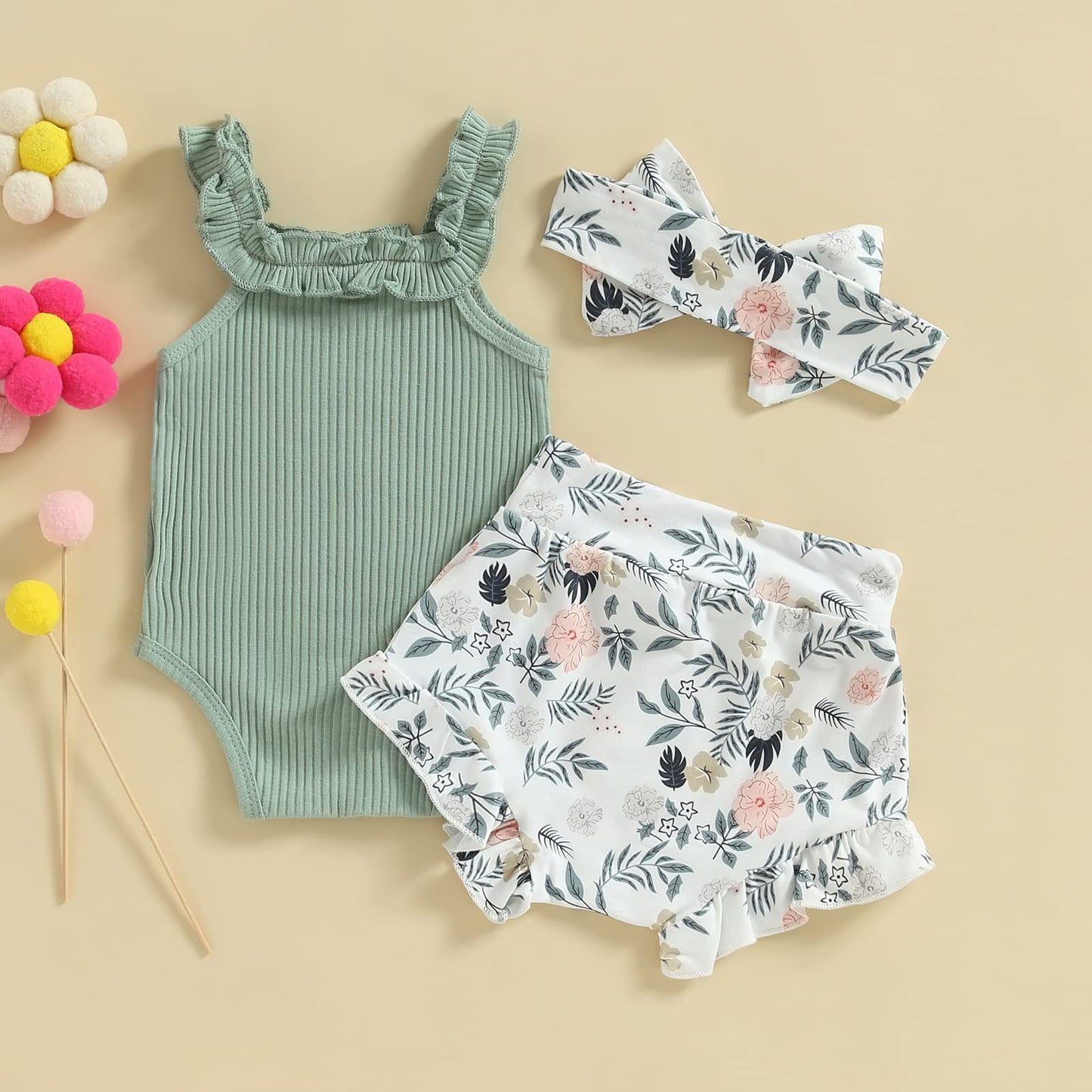 Murnouche Newborn Baby Girl Summer Clothes Sleeveless Floral Top Ribbed Shorts Boho Outfit Set