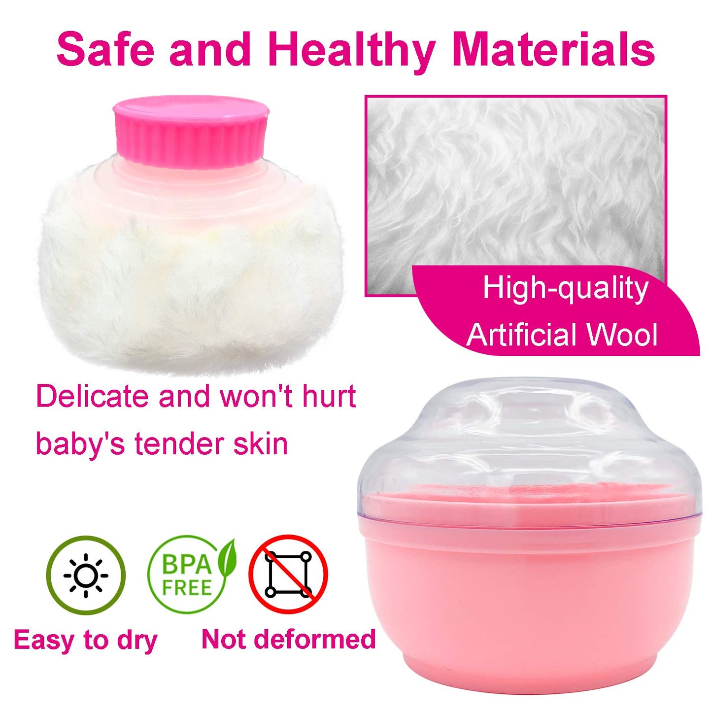 BPA Free Baby Powder Puff Box, Large 2.8" Fluffy Body After-Bath Powder Case, Baby Care Face/Body Villus Powder Puff Container, Makeup Cosmetic Talcum Powder Container with Hand Holder (Pink)