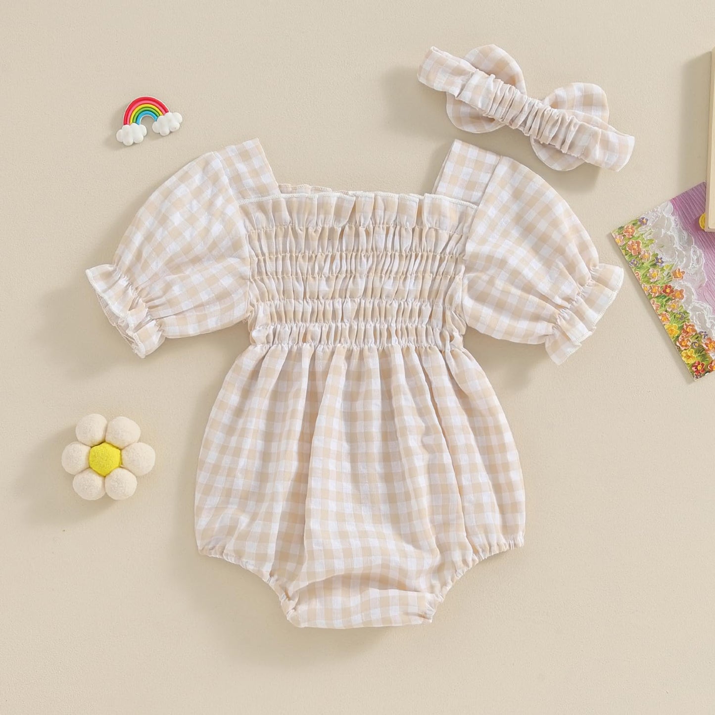 Infant Baby Girls Romper Ruffle Sleeve Pleated Smocked Bubble Plaid One Piece Ruched Jumpsuit Summer Bodysuit