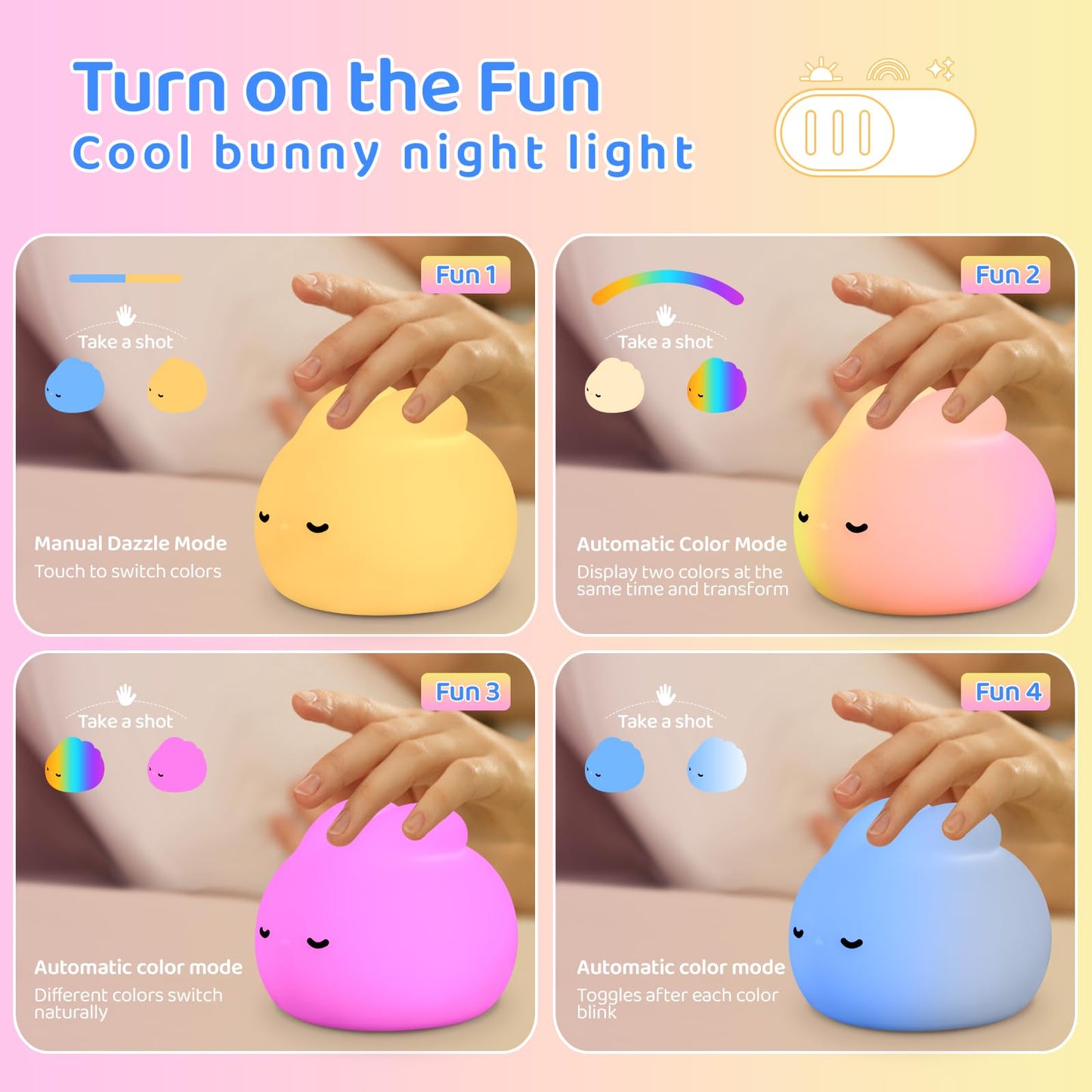 Nursery Night Light, RGB Bunny with 7 Colors & 3 Dim Levels, Rechargeable Silicone, Room Decor & Kids Gift