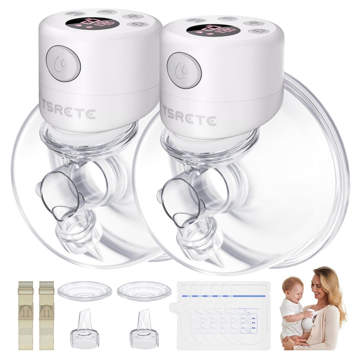 TSRETE Double Wearable Breast Pump, Electric Hands-Free Breast Pumps with 2 Modes, 9 Levels, LCD Display, Memory Function Rechargeable Milk Extractor-24mm Flange, Pink