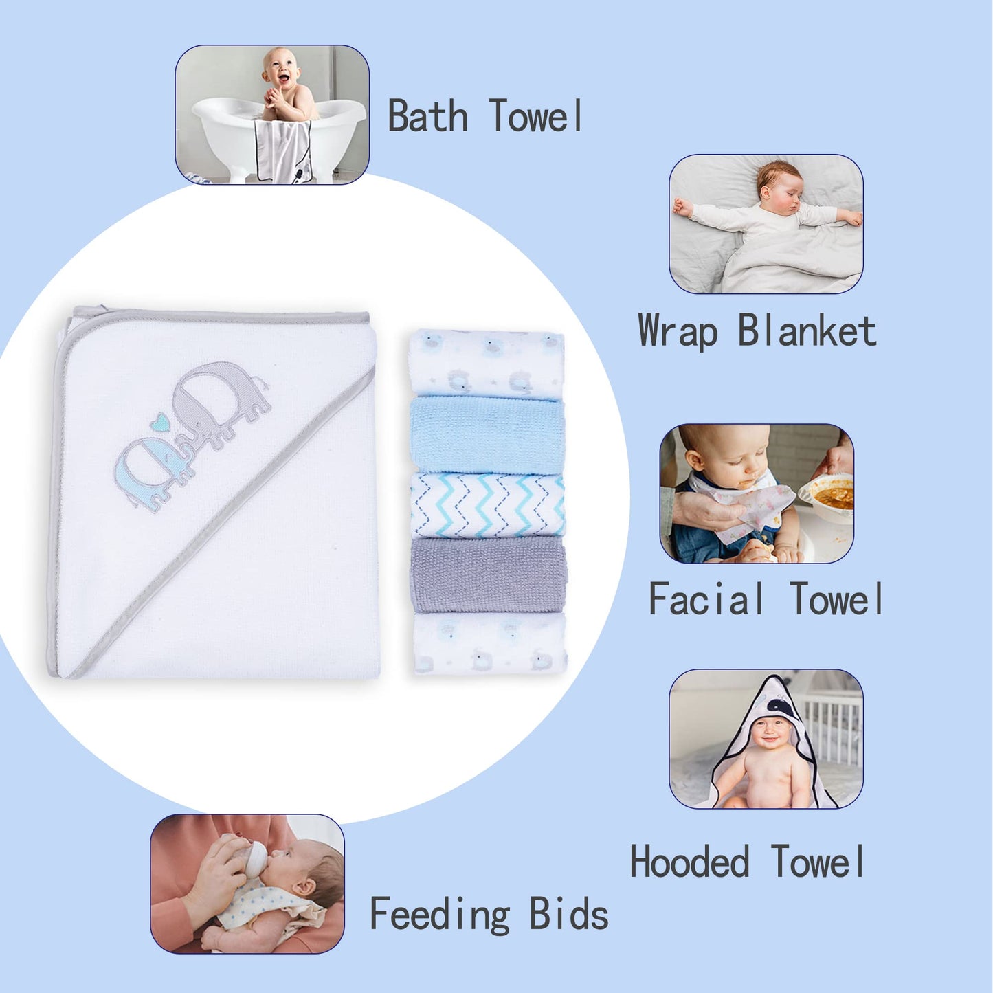Viviland Baby Towels and Baby Wash Cloths Set Hooded Baby Towels Baby Wipes Absorbent Bath Face Towels Burp Cloths or Face Towels for Girl Boy 6-Pack Size 28 x 28 Inch(Elephant Flower)