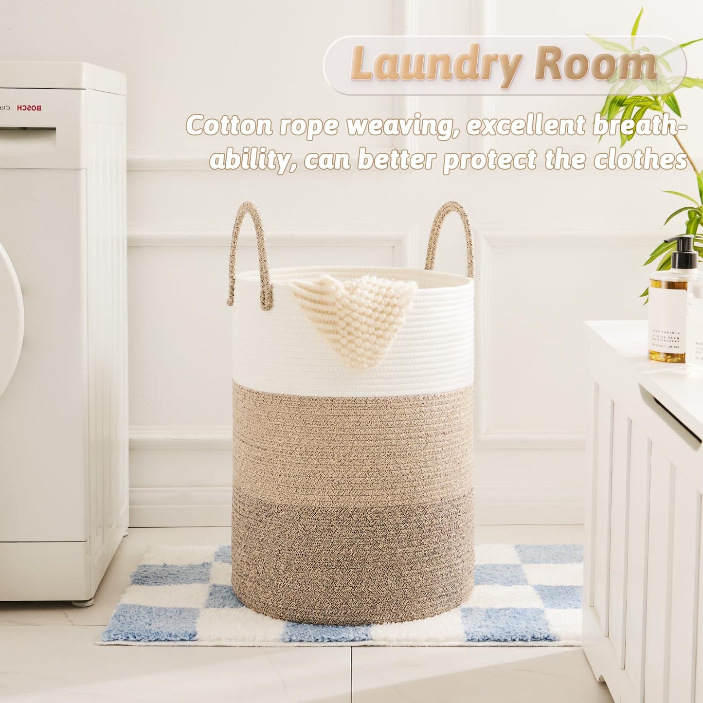 Laundry Basket,Woven Cotton Rope Laundry Hamper,60L for Decor Storage of Dirty Clothes,Toys and Blankets in Bathroom,Baby Room and Living Room