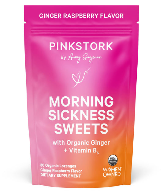 Pink Stork Morning Sickness Sweets, Organic Raspberry Ginger Candy with Vitamin B6, Support for Motion Sickness, Prenatal Heartburn - Pregnancy Must Haves - 30 Wrapped Drops