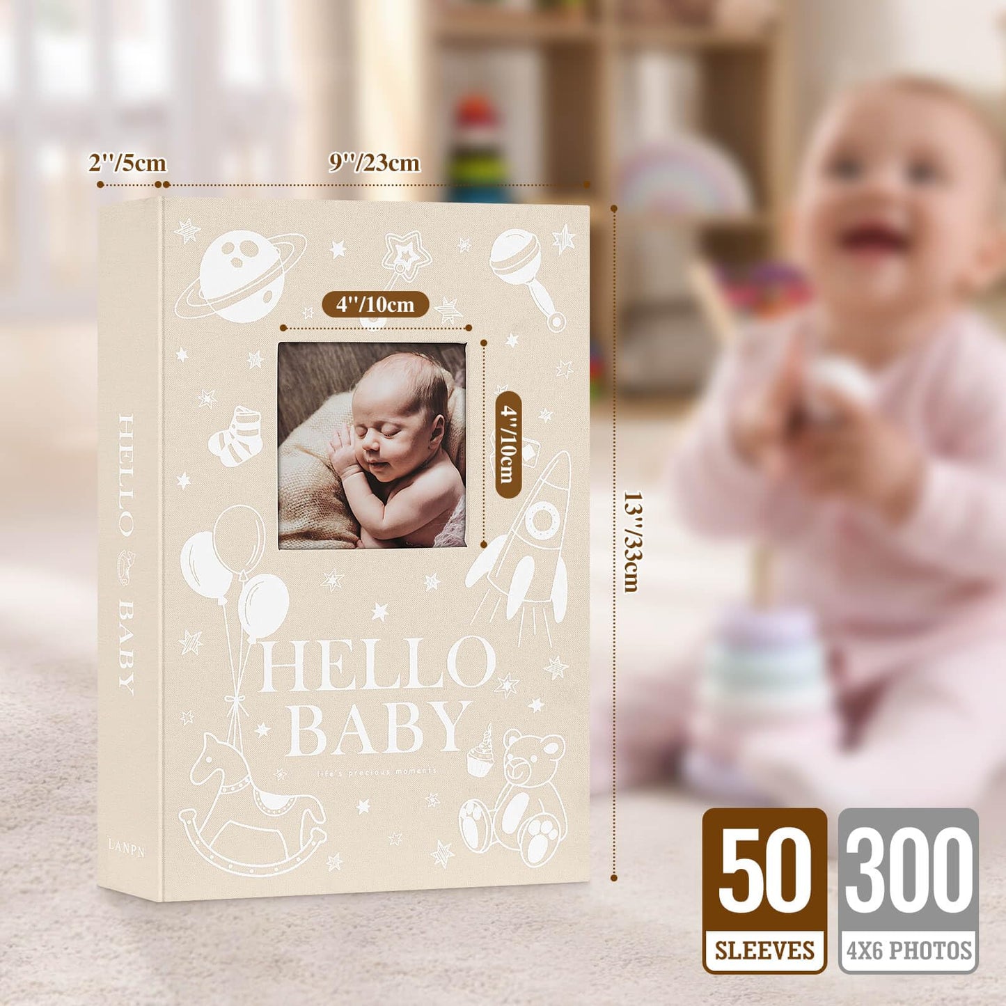 Lanpn Baby Photo Album 4x6 300 Pockets, Linen Newborn Bebe Ultrasound Photo Album with Memo Writing Area, Cover Photo Book, Picture Album for kids, Baby Girl Boy Memory Book Keepsake Colorful