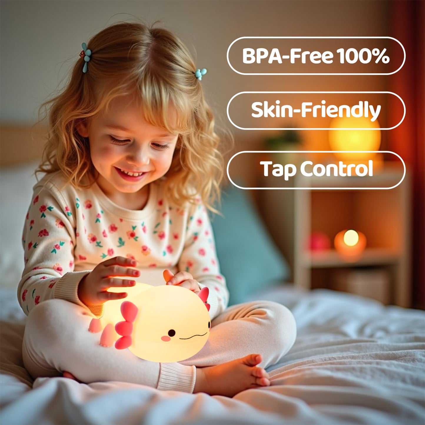 Huggwaii Squishy Axolotl Night Light for Kids – Dimmable Silicone Axolotl Lamp, 2025 Upgraded Baby Night Light, Rechargeable, 20H Battery Life, Sleep Aid Gift for Toddlers, Girls&Room Decor
