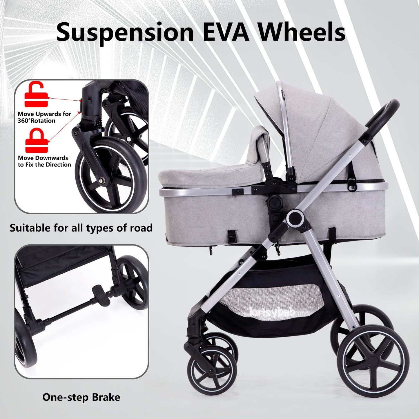 2-in-1 Baby Stroller with Bassinet Mode - Folding Infant Newborn Pram Stroller with Reversible Seat - Toddler Strollers for 0-36 Months Old Babies (Beige)
