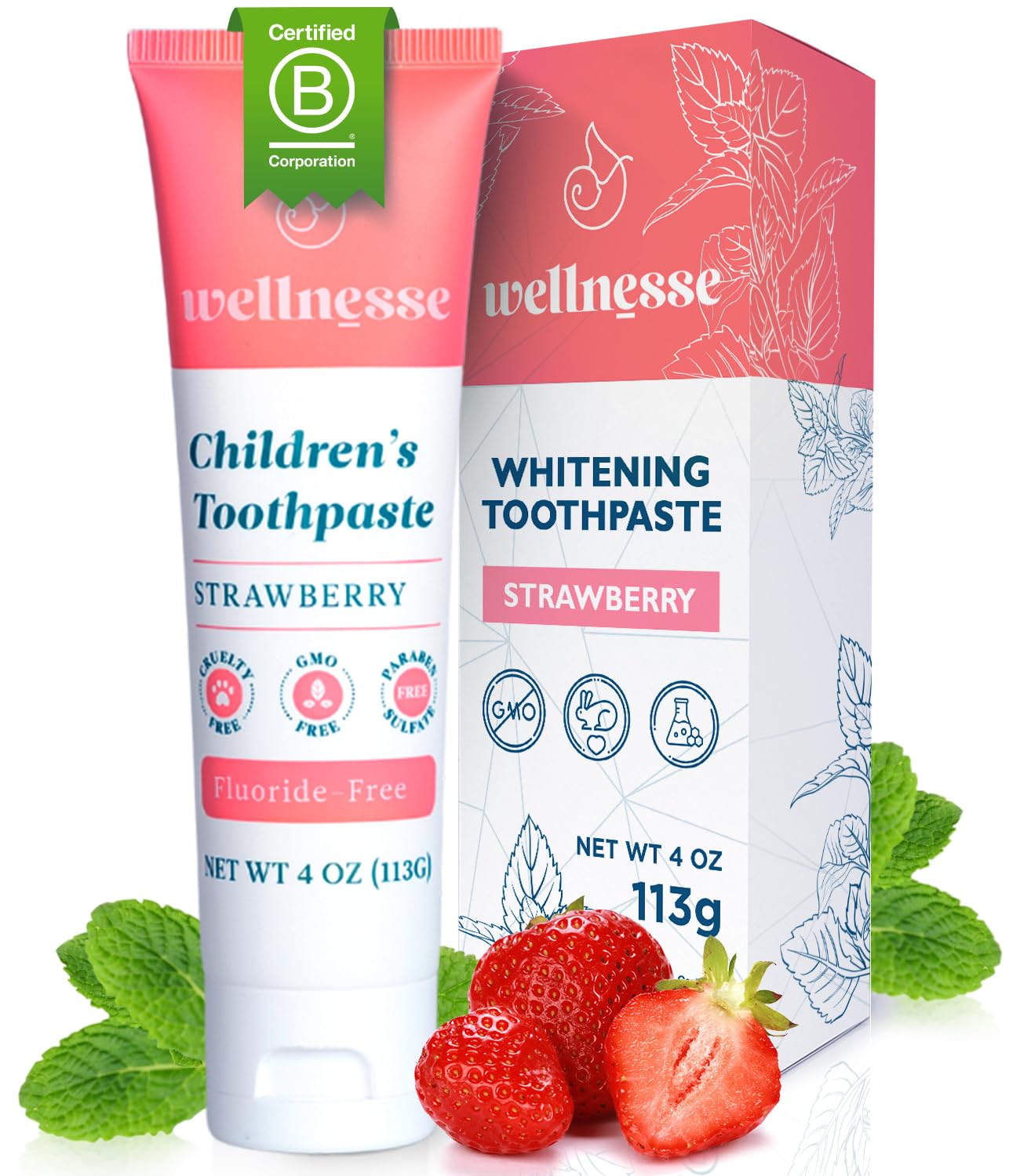 Wellnesse Kids Hydroxyapatite Toothpaste with Xylitol - Fluoride Free Toddler & Children's Natural Toothpaste, Freshens Breath, Sensory-Friendly Oral Care, Vegan, Strawberry Flavor, 4 oz (Pack of 1)