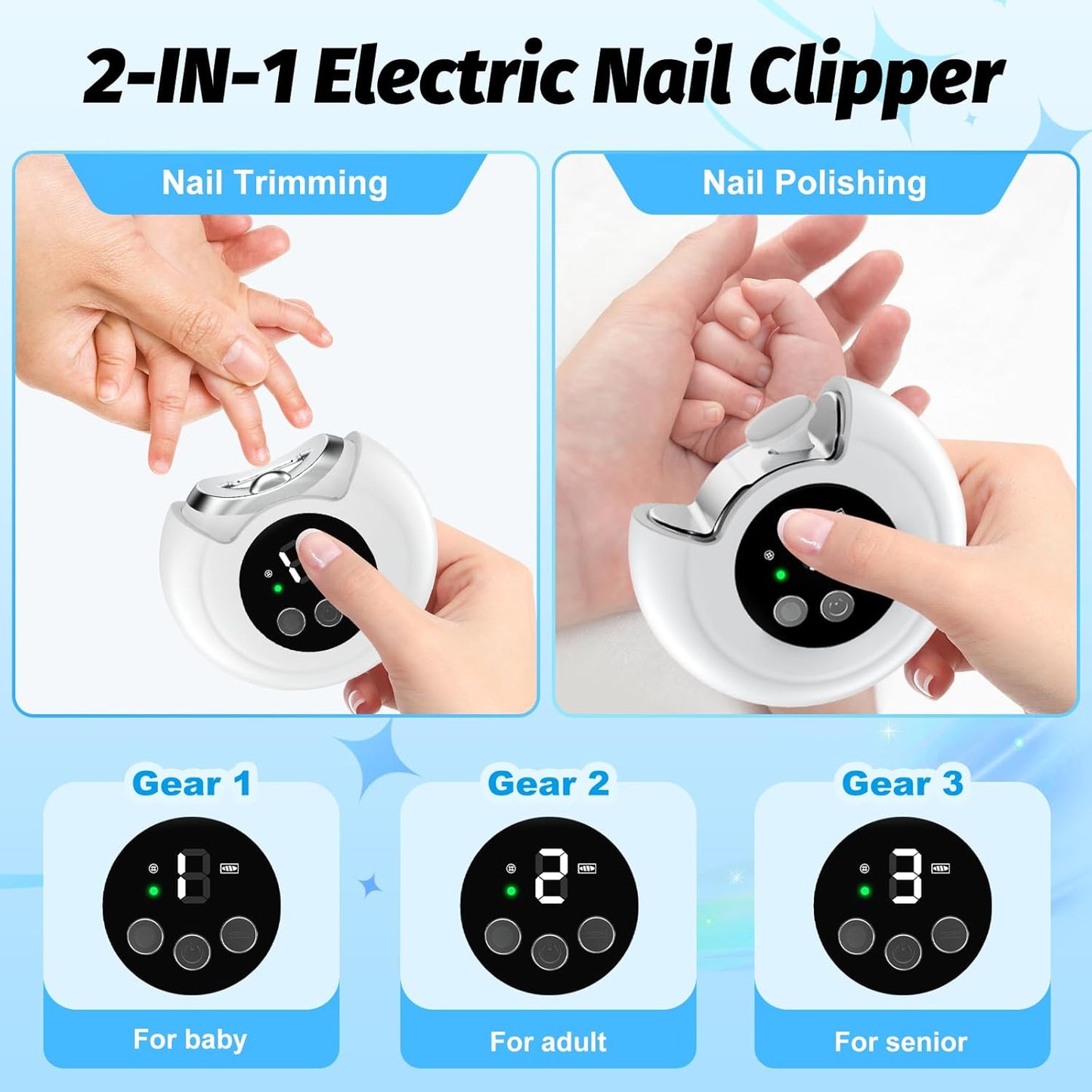 Electric Nail Clipper, Baby Nail Clipper with Nail File & 3 Speed Gears, Electric Nail Trimmer with LED Light & Storage Box, Wireless Automatic Nail Clippers for Baby, Adult, Seniors
