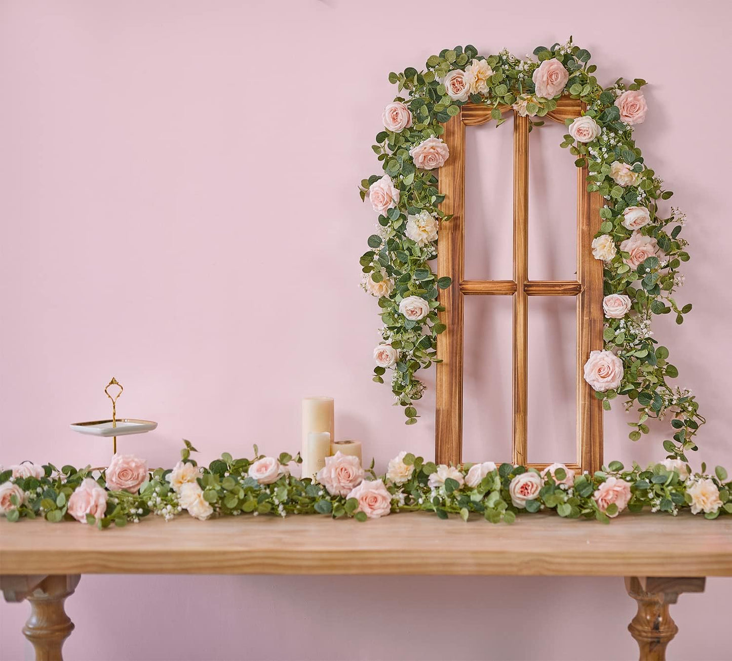 Anna's Whimsy 5.91FT Artificial Eucalyptus Garland with Flowers, Fake Flower Rose Gypsophila, Faux Floral Greenery Garland for Wedding Spring Home Party Craft Art Table Runner Decor