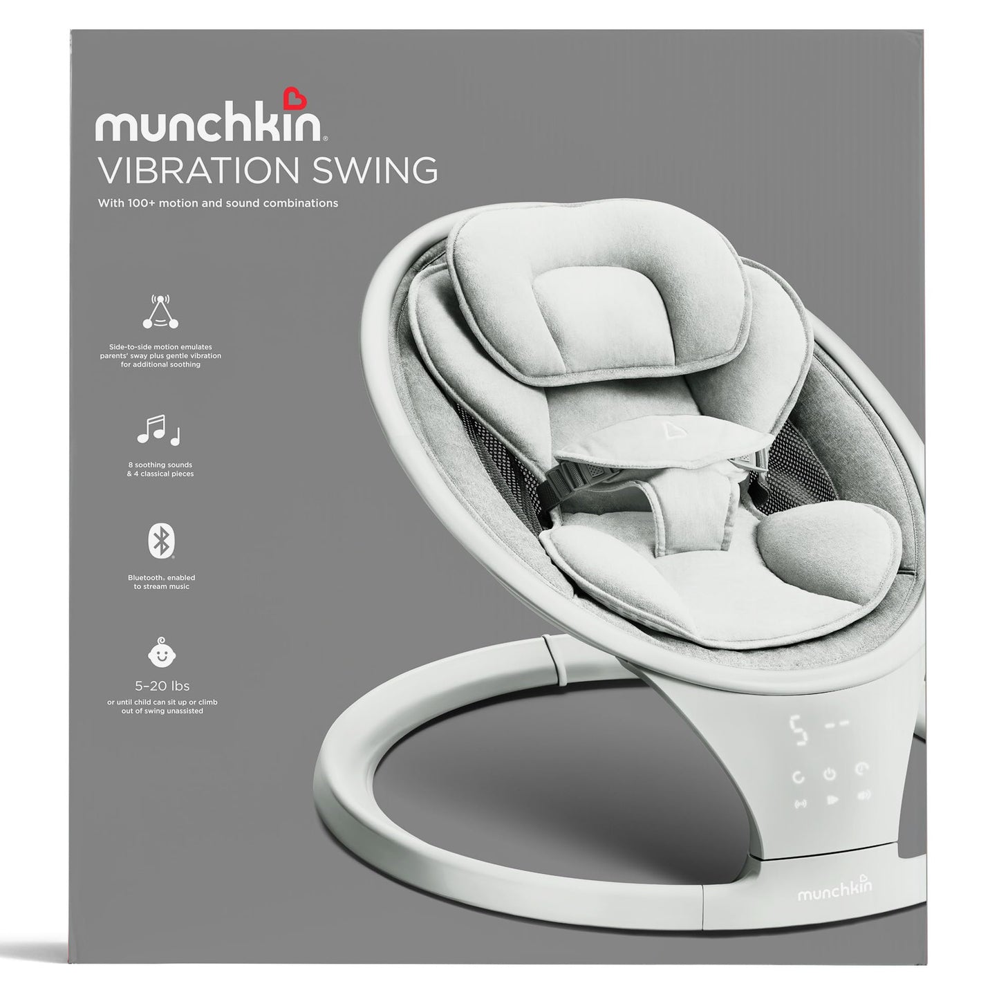 Munchkin Baby Swing, Portable and Lightweight, Bluetooth Enabled Electric Infant Rocker with Natural Sway in 5 Ranges of Motion, Newborn Nursery Essentials, White/Grey