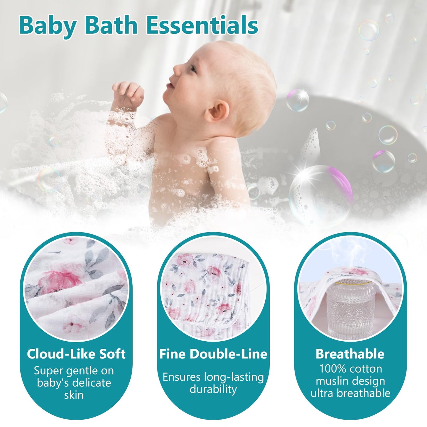 PHF 2 Pack Baby Hooded Towels, 100% Muslin Cotton Baby Bath Towel with Hood for Newborn, Infant, Toddler, Ultra Soft and Absorbent Baby Essentials Bath Towels for Girls, 32x32Inch, Floral