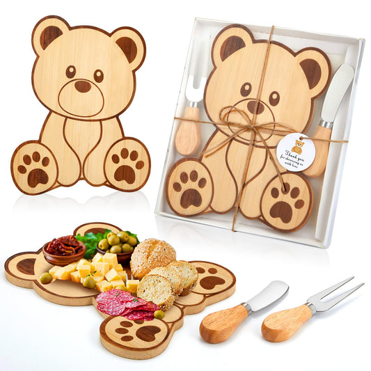 1 Set Baby Shower Party Favors Bear Shaped Cheese Board Set, Include Small Wood Cutting Charcuterie Boards with Knives and Forks Gift Box for Wedding Bridal Shower Birthday (Acacia Color)